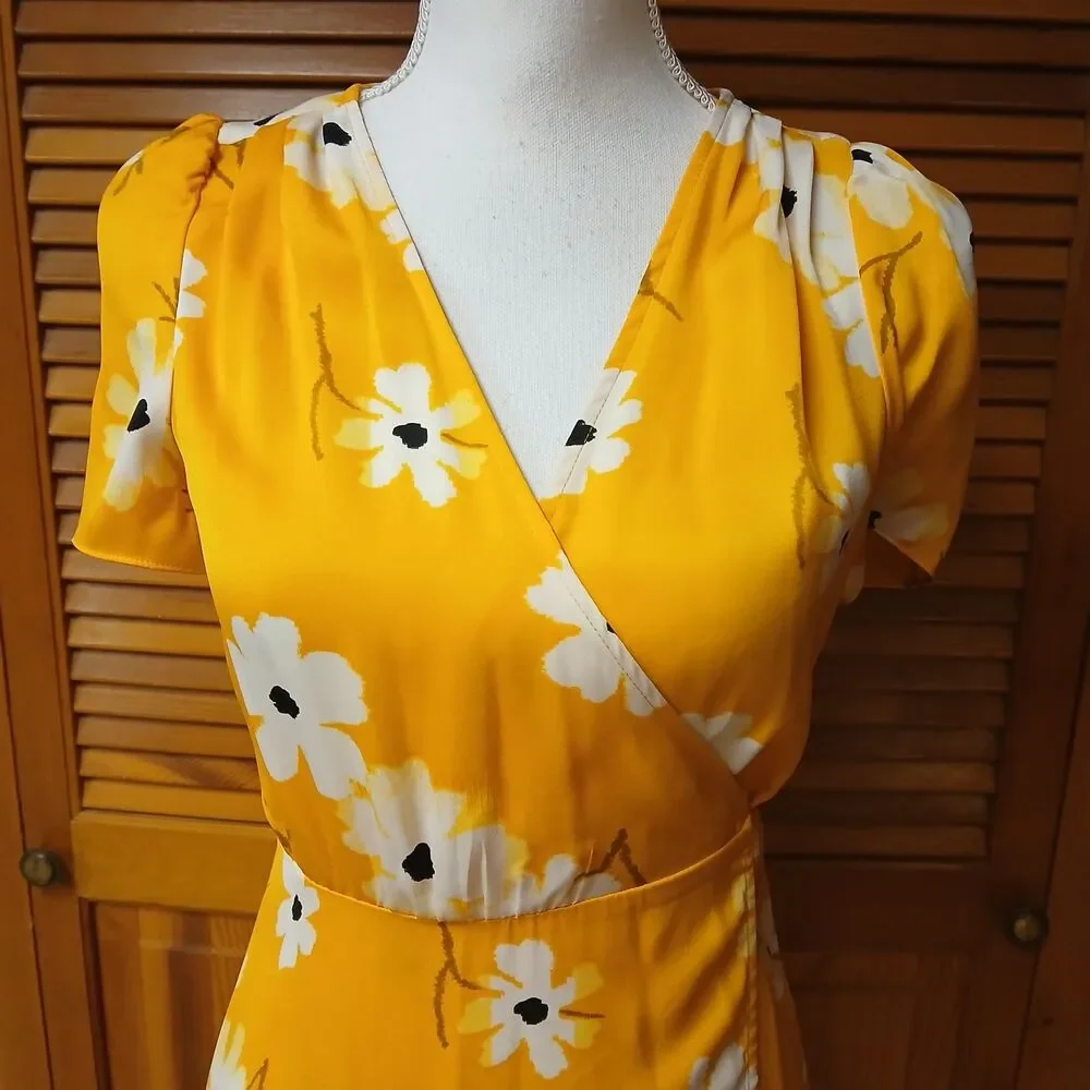 Madewell Yellow White Puff-Sleeve Ikat Floral Daisy Maxi Dress Size XS L3333